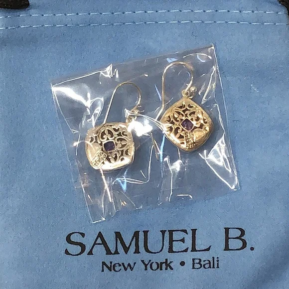 SAMUEL B. Sterling Silver Cushion Cut Amethyst Drop Dangle Earrings